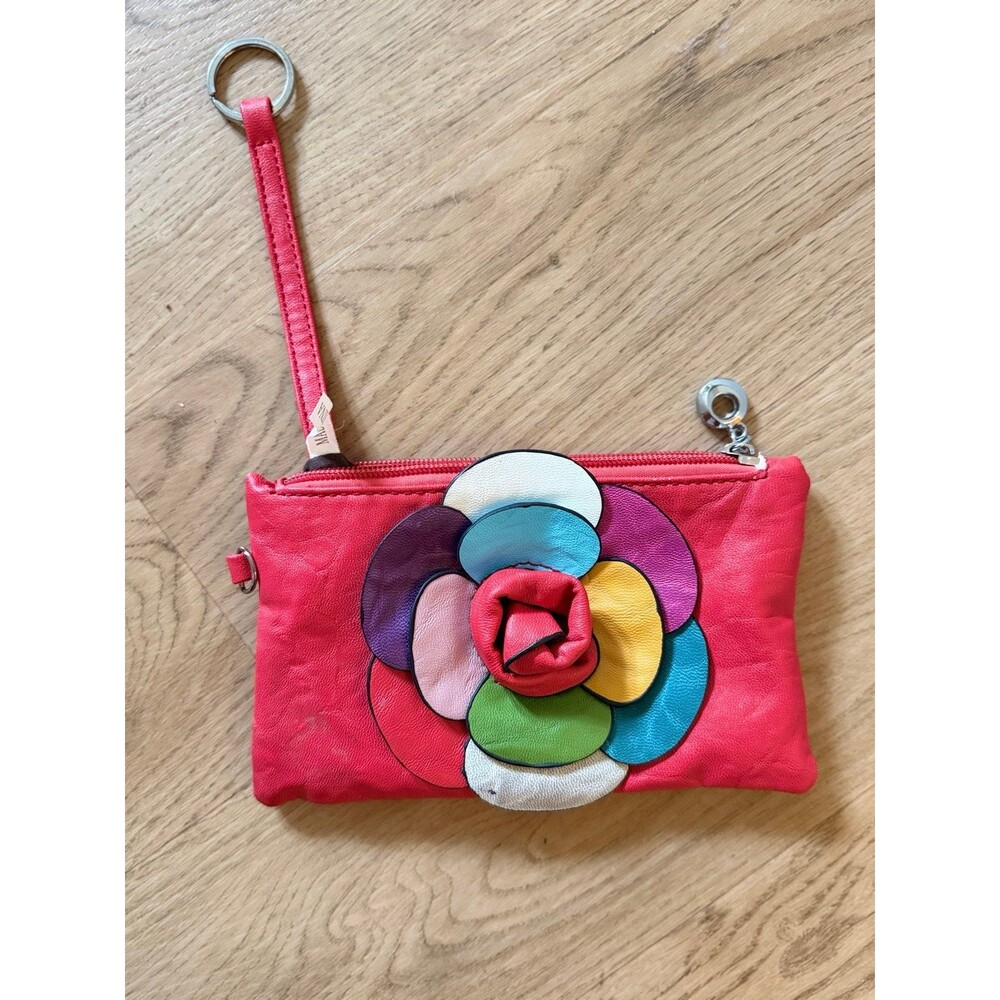 Vintage Red Flower Rosette Faux Leather Coin Purse Wristlet Clutch